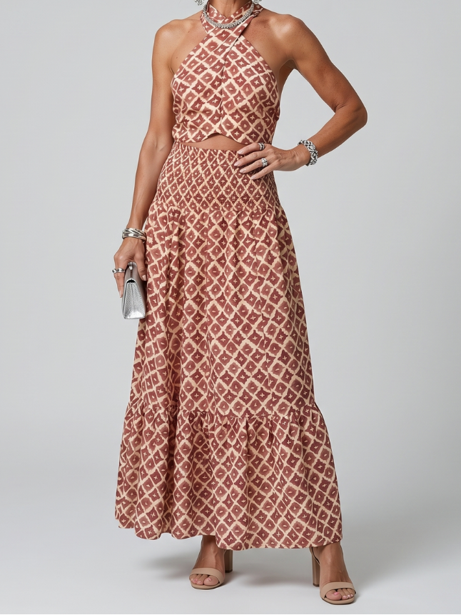 Amira | Cross Halter Geometric Print Cutout Maxi Dress