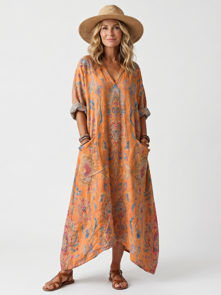 Remi | Notch Neck Printed Oversized Pocket Maxi Dress