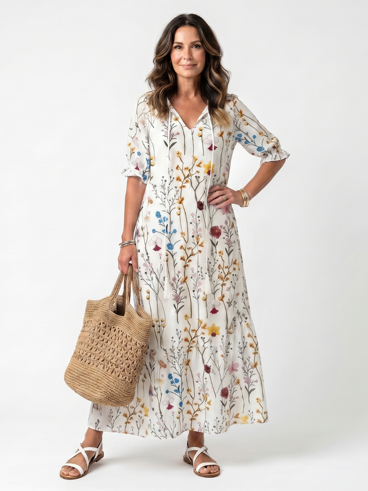 Sylvie | Botanical Print Tassel Tie Dress