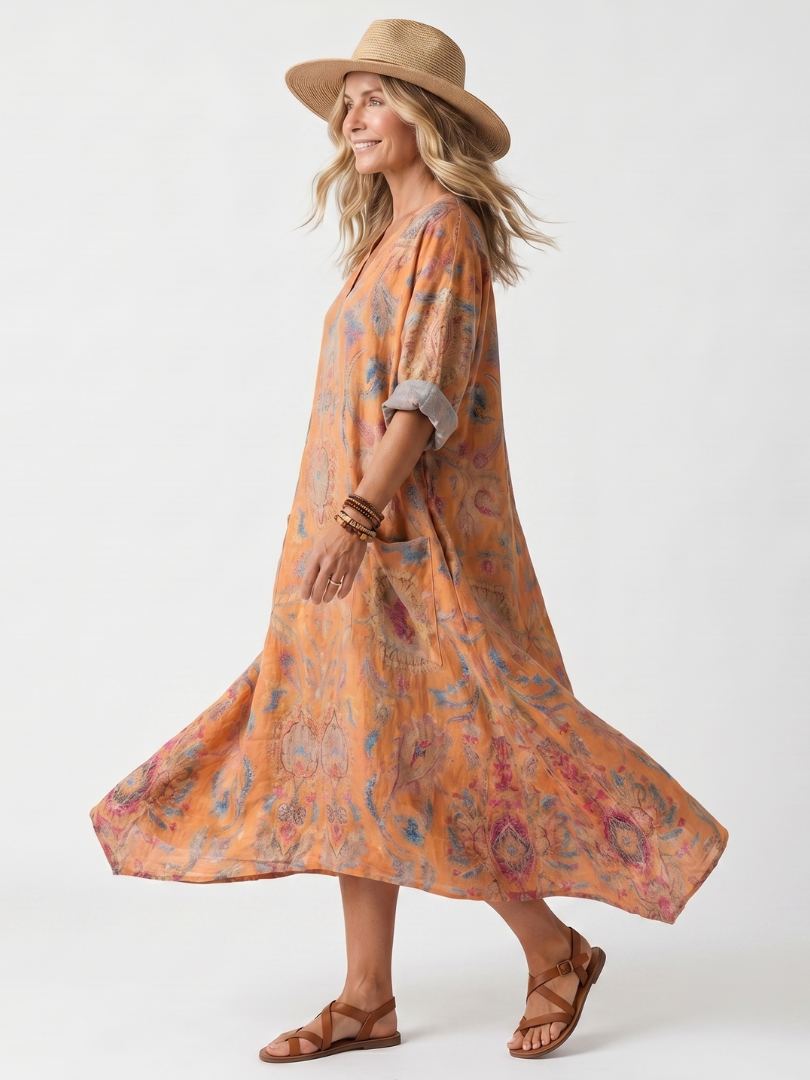 Remi | Notch Neck Printed Oversized Pocket Maxi Dress