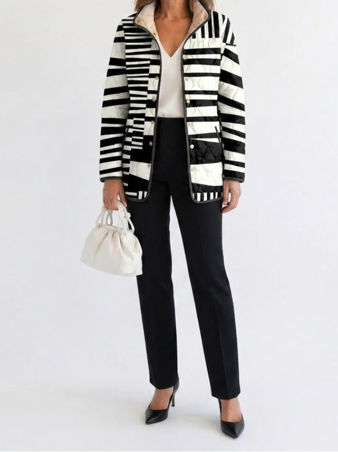 Valeria | Black And White Abstract Print Quilted Jacket