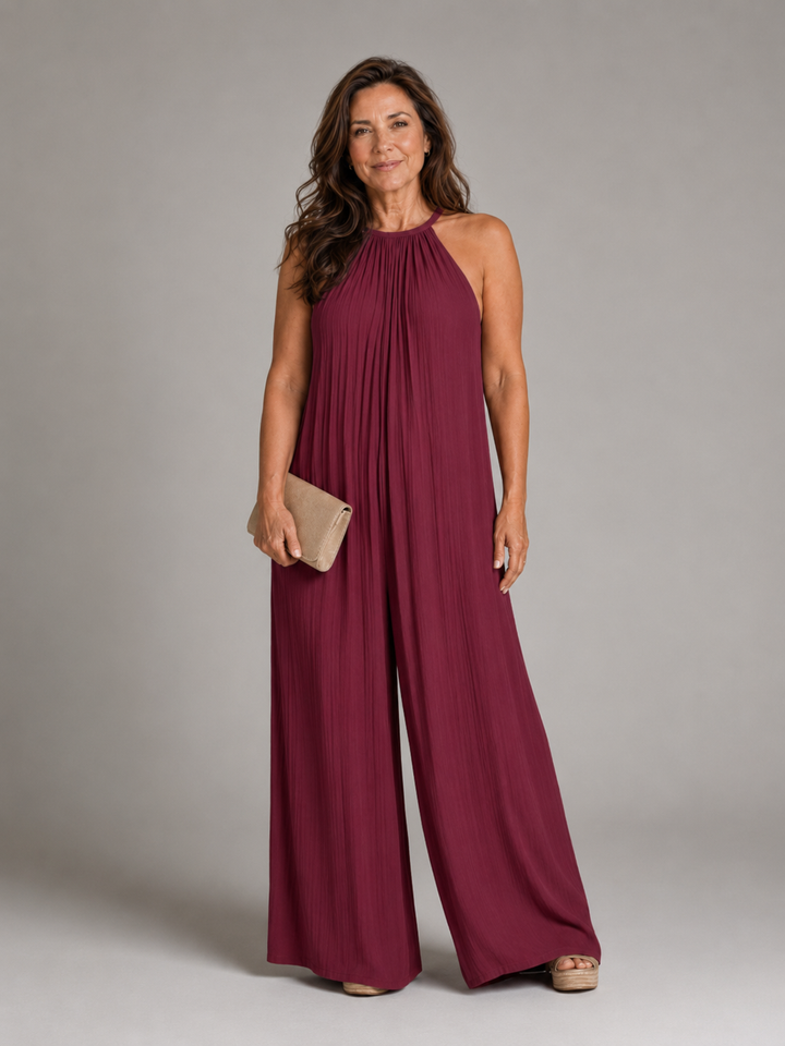 Sylvara | Pleated Halter Neck Wide Leg Relaxed Jumpsuit