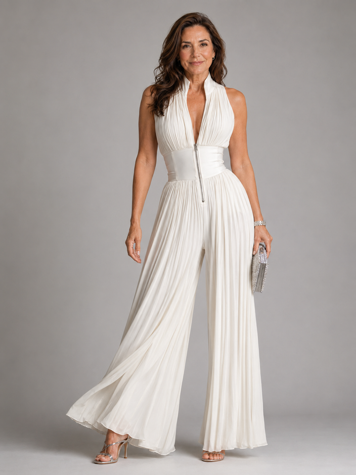 Zakira | Pleated Halter Neck Wide Leg Jumpsuit